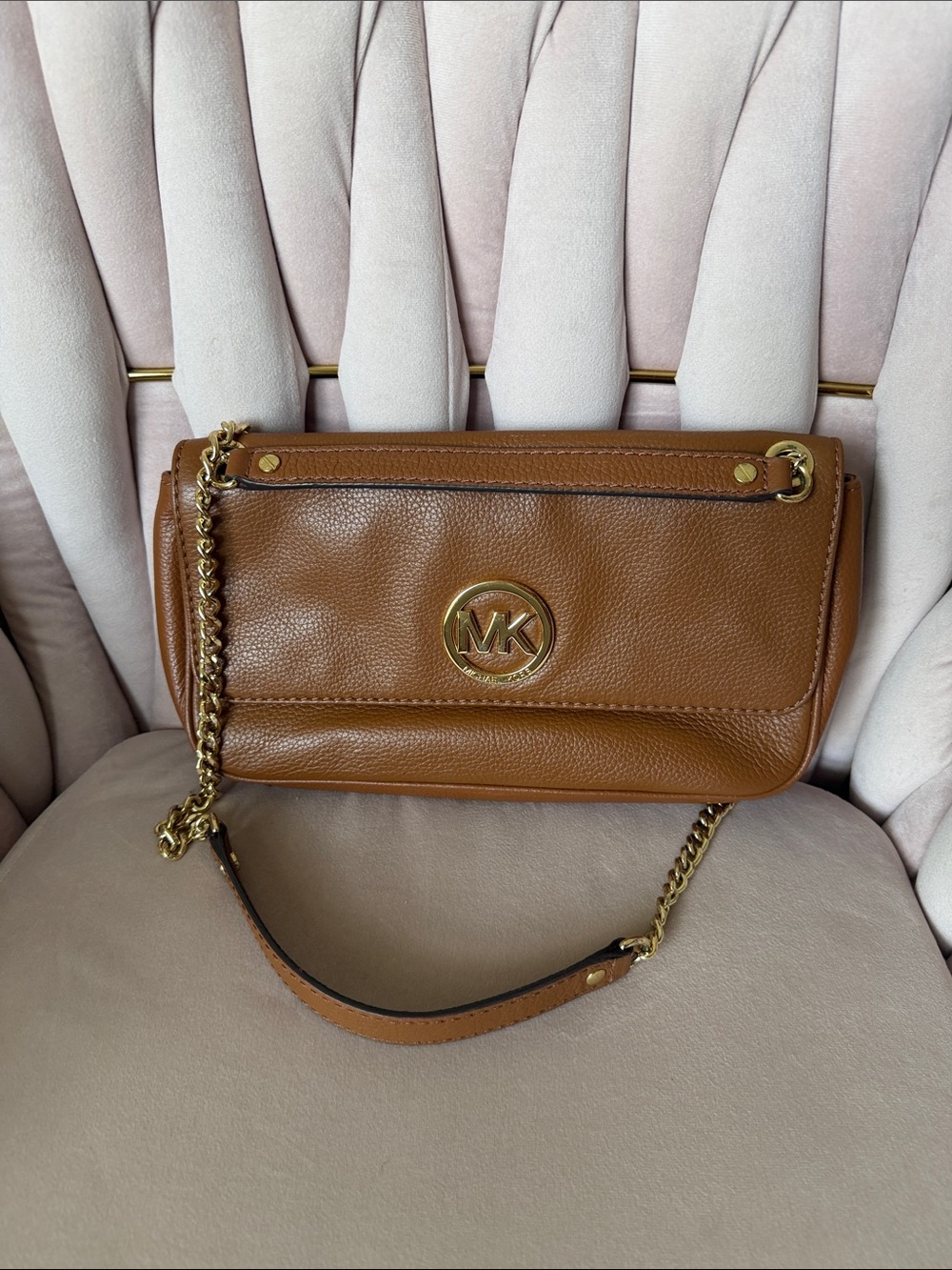 Michael Kors Tan Pebbled Leather Shoulder Bag with Gold MK Medallion